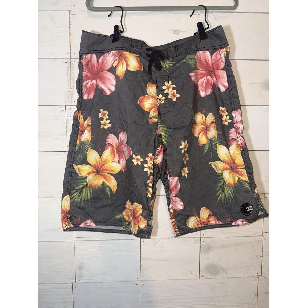 Billabong Board Shorts Mens Size 36 Grey Tropical Hibiscus Floral Swim Trunks